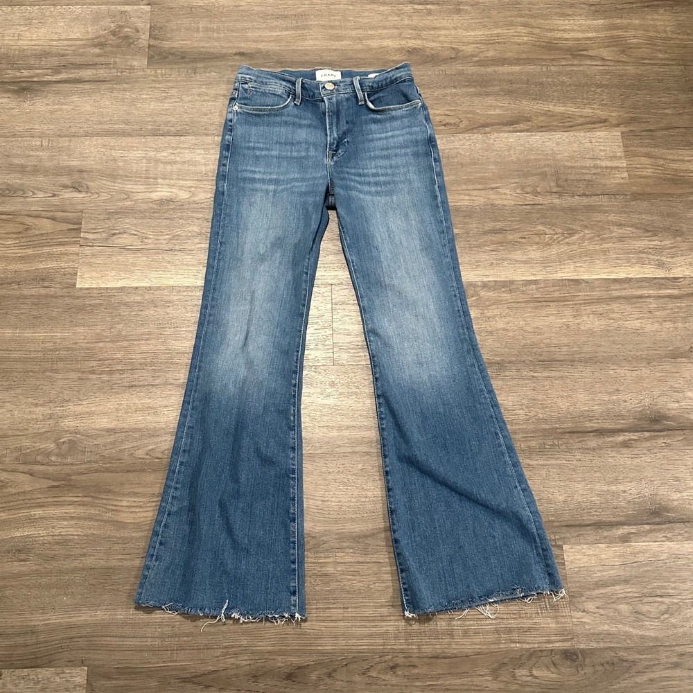 FRAME Le Easy Flare Jeans Drizzle High Rise Raw Hem Blue LEFRF793 Size 28
